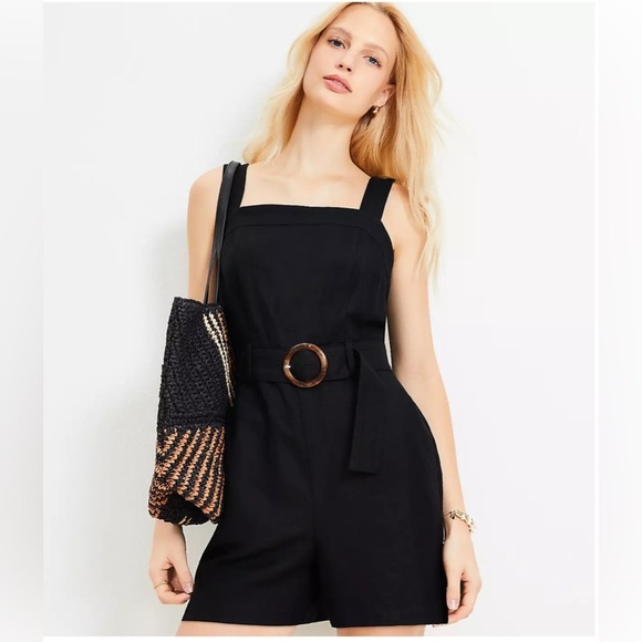 LOFT Linen Blend Belted Strappy Romper in Black - Picture 1 of 8